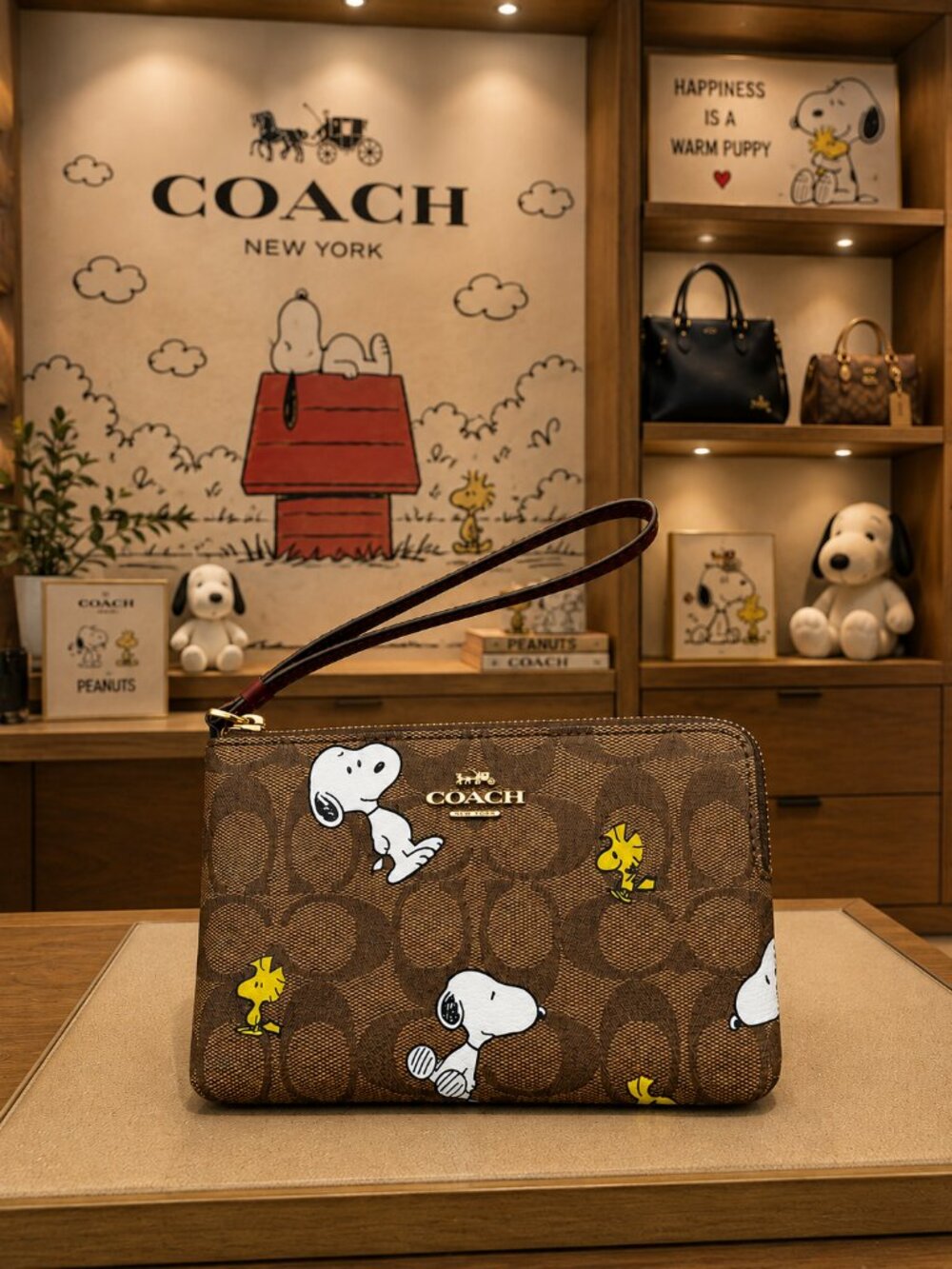 COACH x Peanuts Snoopy Woodstock Signature Canvas Corner Zip Wristlet CF214